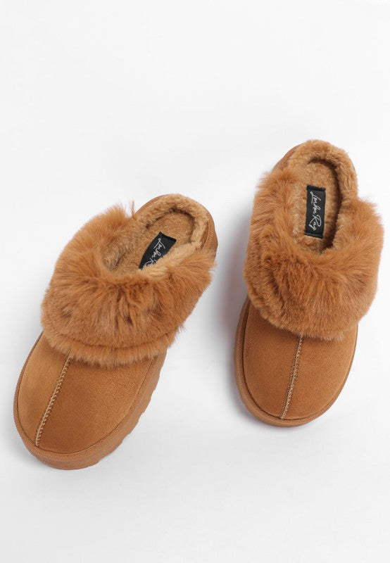Tan Portho Faux Fur Slip Ons featuring faux fur detail and flatform heel for casual wear.