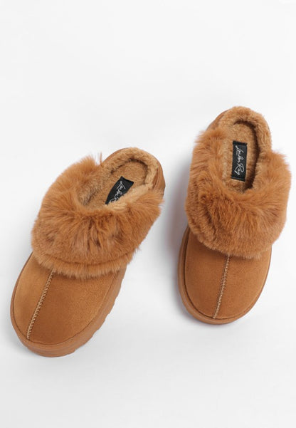 Tan Portho Faux Fur Slip Ons featuring faux fur detail and flatform heel for casual wear.