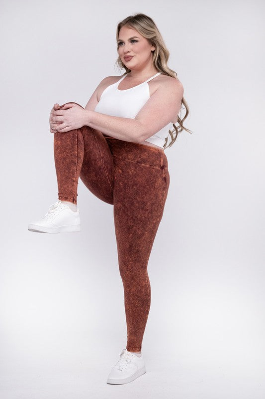 Stretchy Persimmon colored, mineral washed, full-length leggings with a wide waistband.