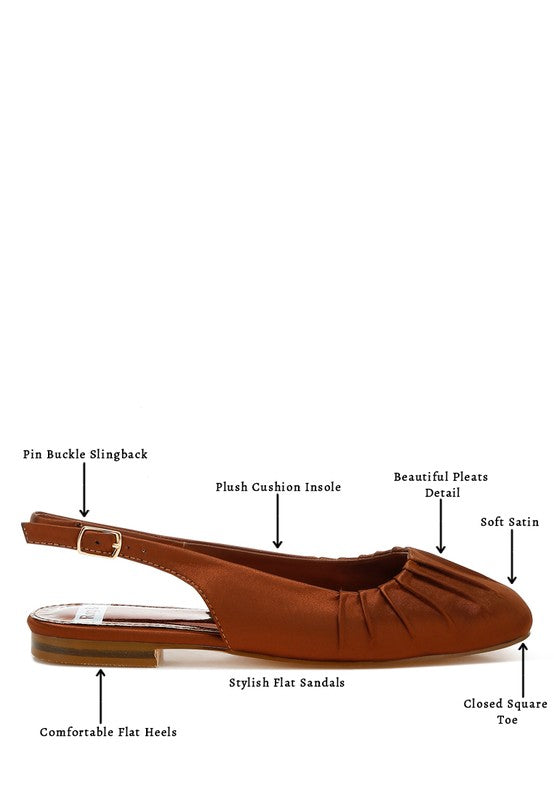 Brown satin slingback shoes with square toe, adjustable buckle strap, flat heel, and plush cushion insole.