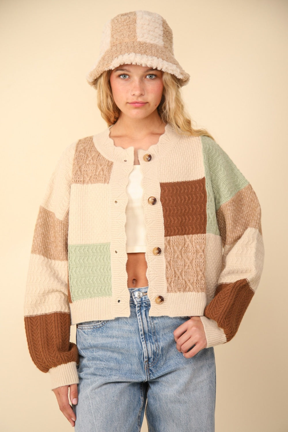 Donna Color Block Button Down Textured Sweater Cardigan