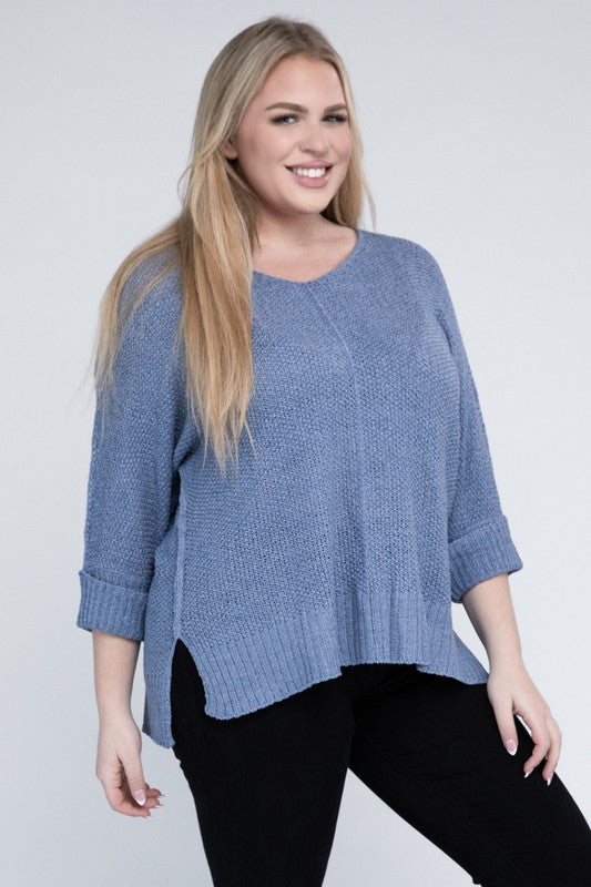 Periwinkle plus size crew neck sweater with a loose fit, side slits, long sleeves, and a cozy knit fabric for warmth.