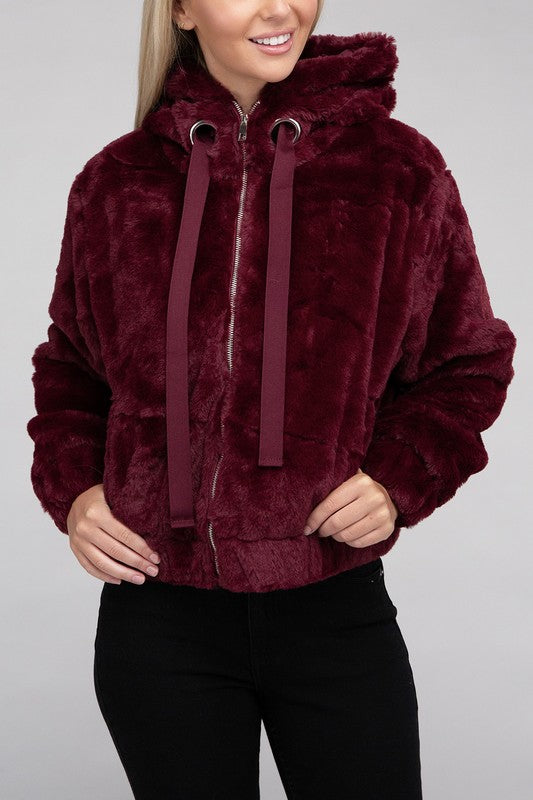 Cropped Burgundy zip-up fluffy teddy hoodie with a drawstring hood, long sleeves, and front pockets.