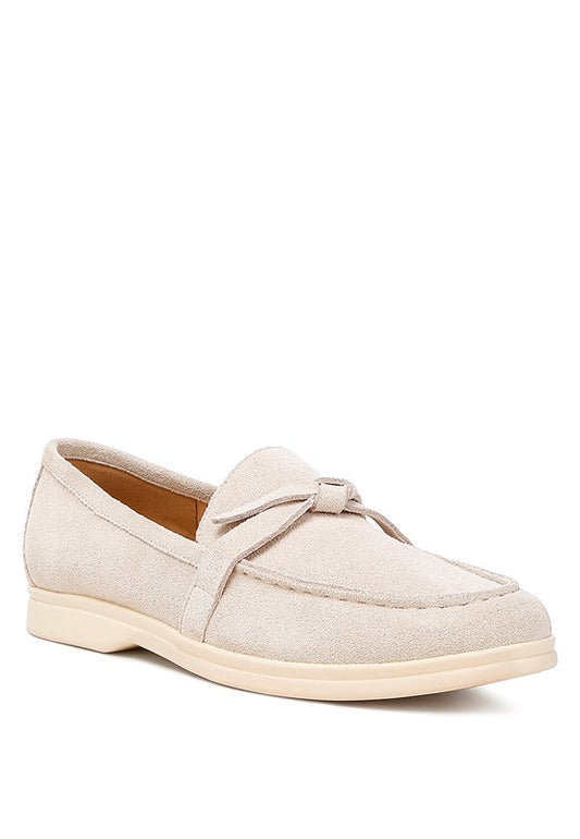 Nautica Genuine Suede Knot Detailed Loafers in beige, front angle with knot vamp.