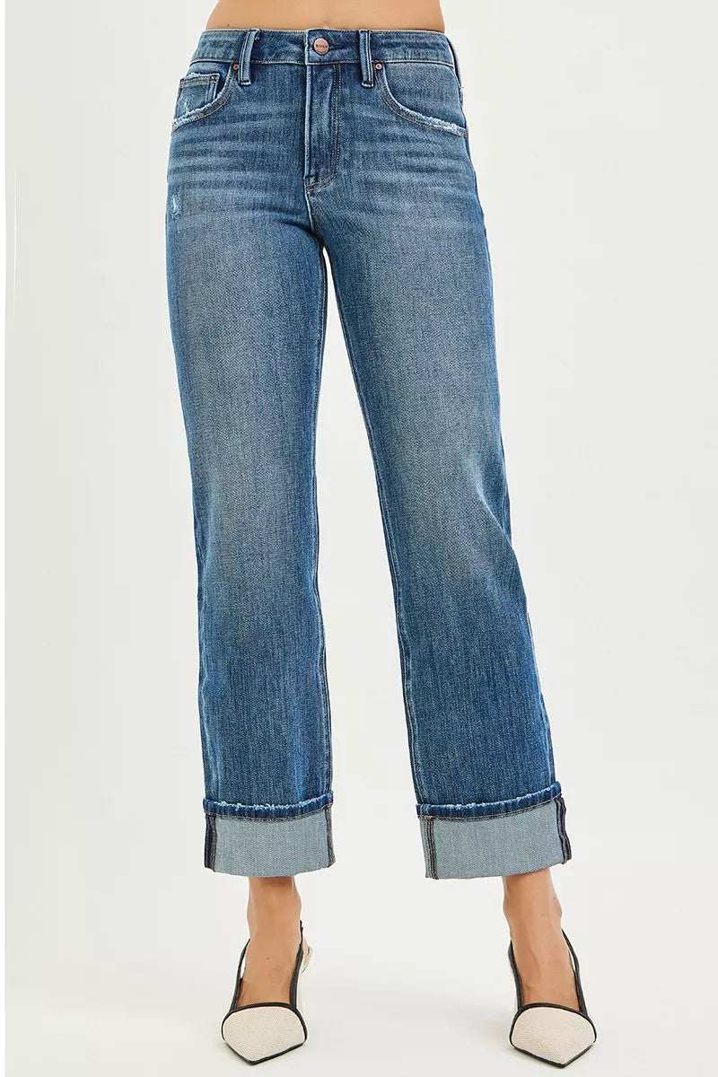 Front view of size inclusive Cara Slouchy Straight Jeans showing high waist and relaxed straight fit.