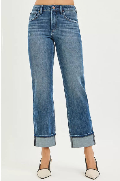 Front view of size inclusive Cara Slouchy Straight Jeans showing high waist and relaxed straight fit.