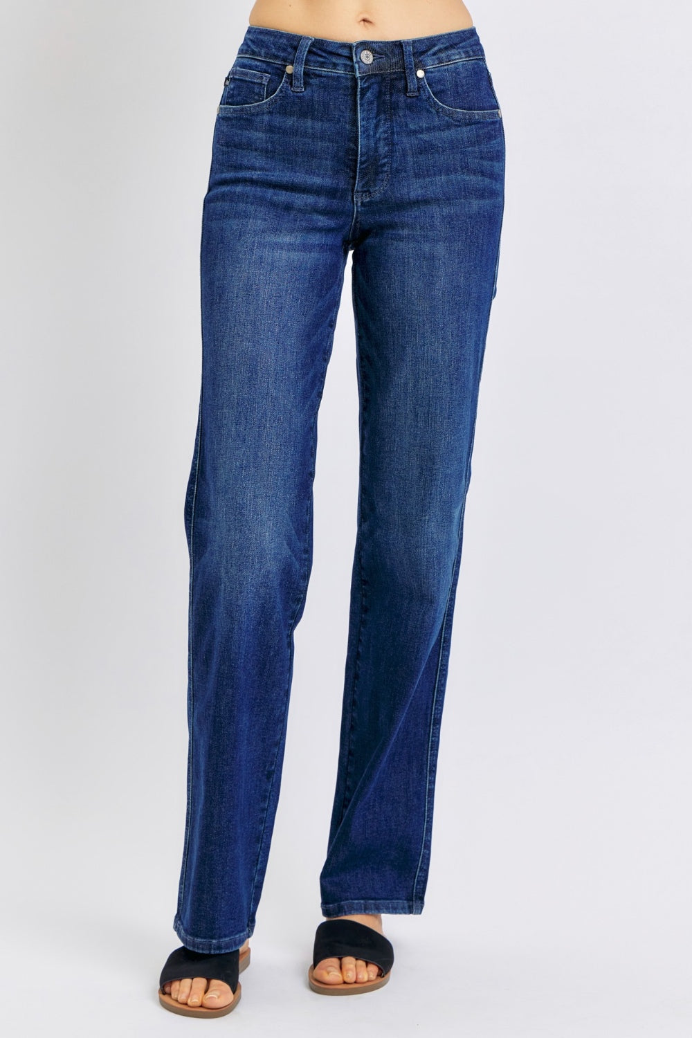 High-waist straight-leg jeans with tummy control, moderate stretch, and a washed finish.