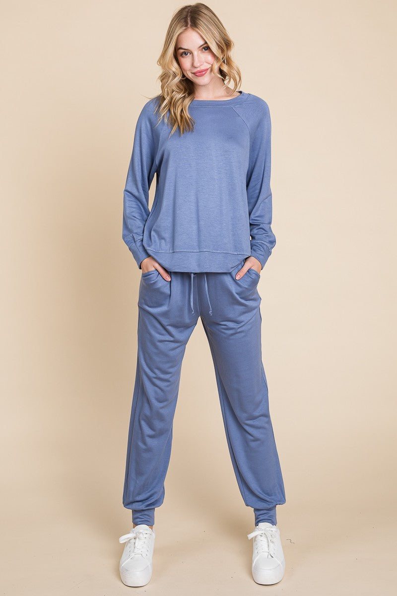 Powder Blue lounge set with a round-neck top, raglan sleeves, and drawstring pants.