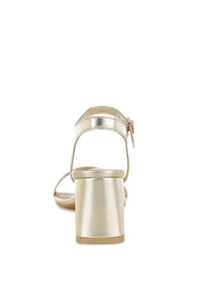 Back view of Kazara Metallic Block Heels showing cushioned ankle strap fit.