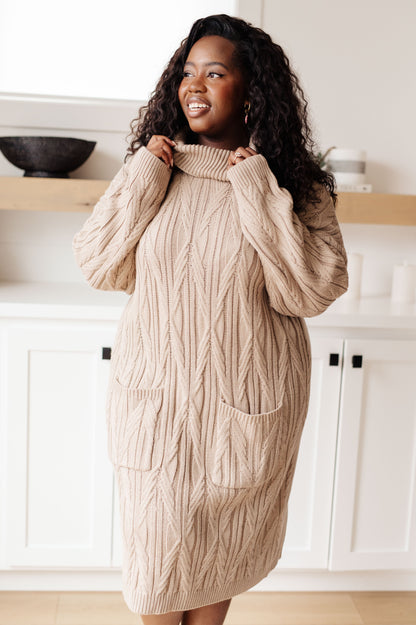 Front view of plus-size Bunny Turtleneck Sweater Dress showing relaxed midi fit and long sleeves.