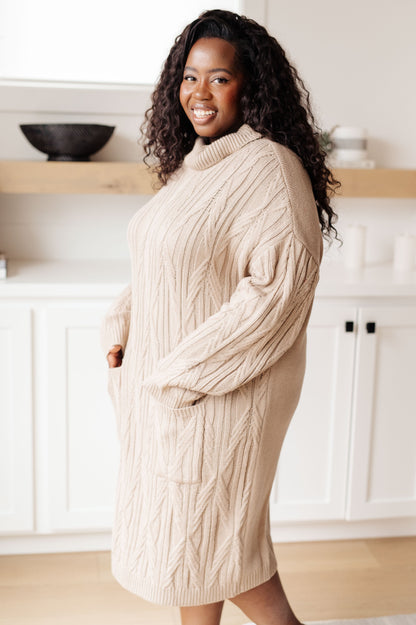 Side view of plus-size Bunny Turtleneck Sweater Dress highlighting cozy turtleneck neckline.