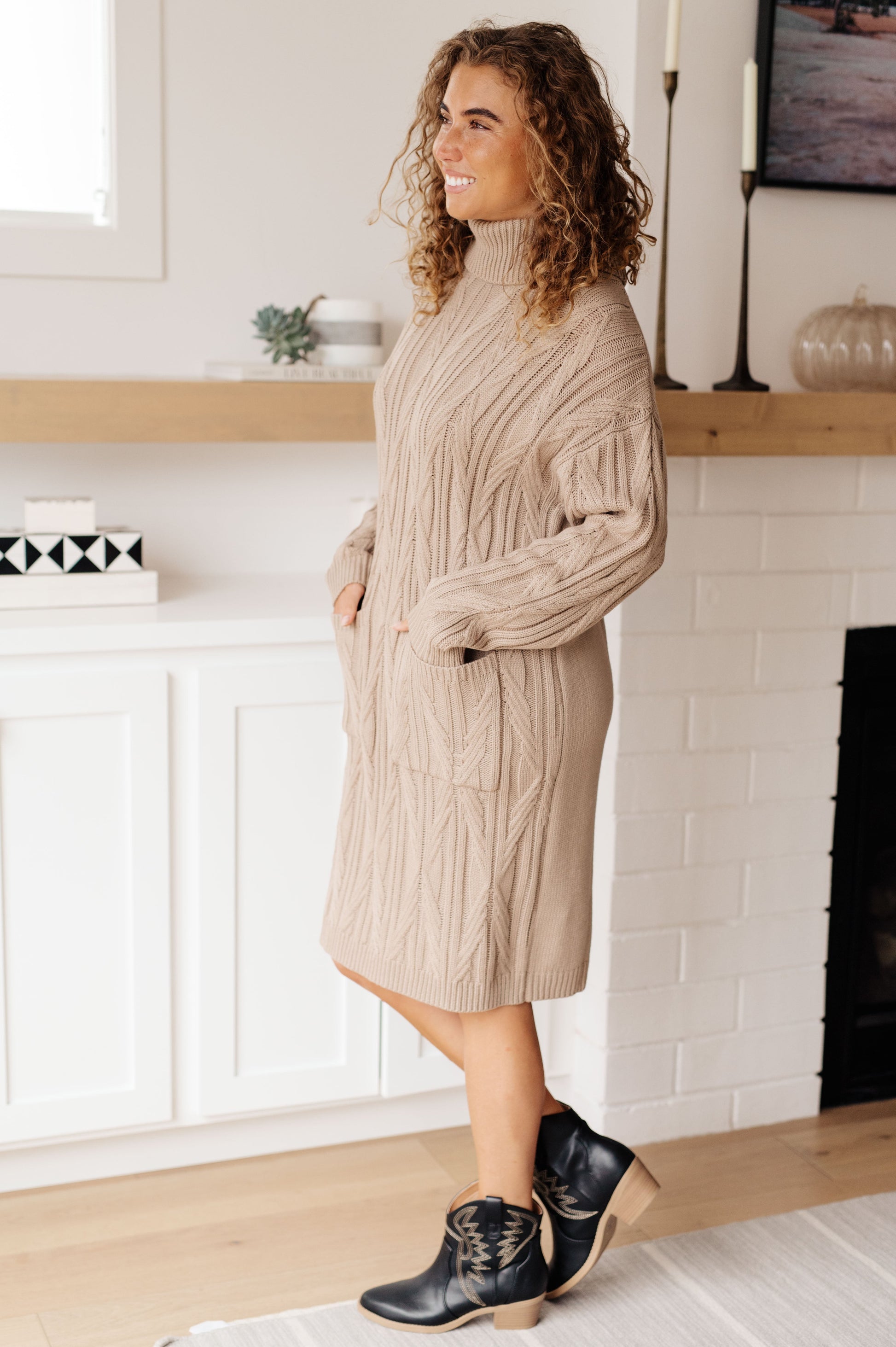 Side view of Bunny Turtleneck Sweater Dress highlighting turtleneck and soft sweater texture.
