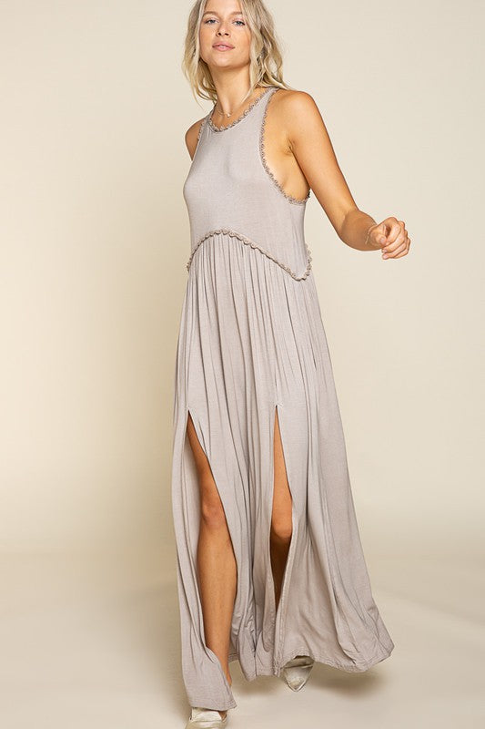 Mia Stone Washed Side Slit Cut Out Maxi Dress In Black/Blue/Taupe