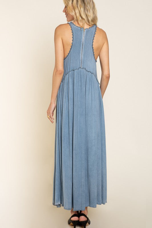 Mia Stone Washed Side Slit Cut Out Maxi Dress In Black/Blue/Taupe