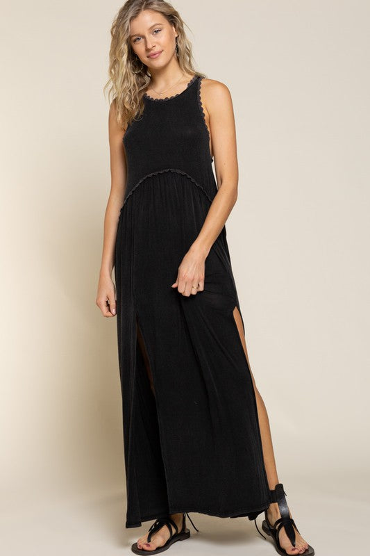 Mia Stone Washed Side Slit Cut Out Maxi Dress In Black/Blue/Taupe