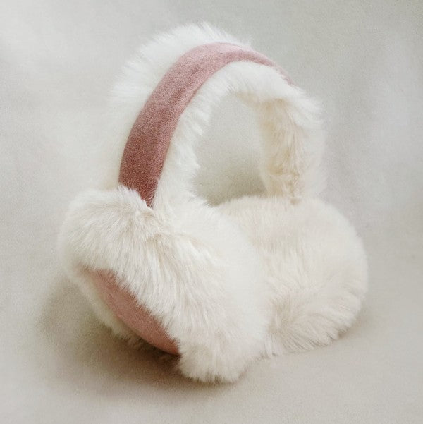 Snow Bunny Foldable Earmuffs in pink with soft faux fur and cozy cold-weather comfort