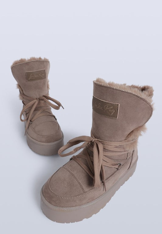 Noaya Chunky Faux Fur Snow Boots in Taupe with lace-up design and soft faux fur collar.