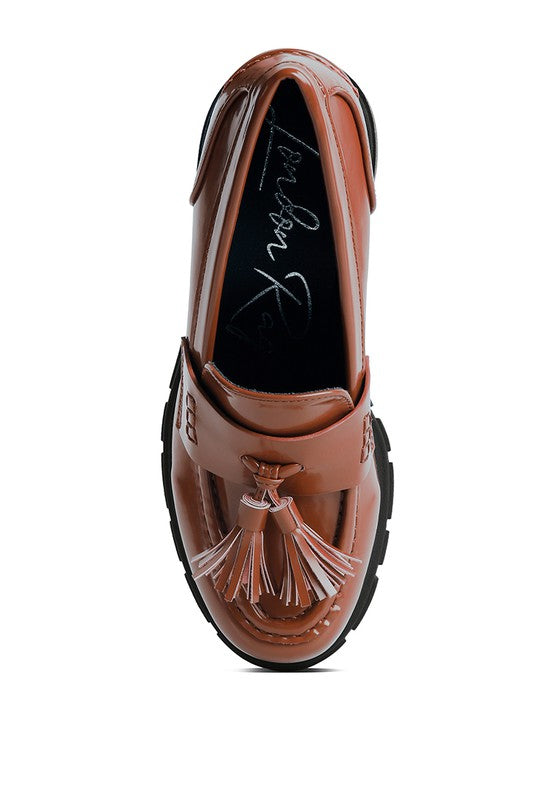 Top view of Jonah Platform Loafers in tan with cushioned insole and tassel detail