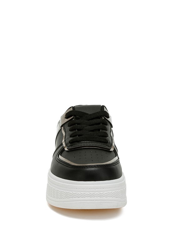 Front view of black Scouts Platform Sneakers with lace-up round toe design