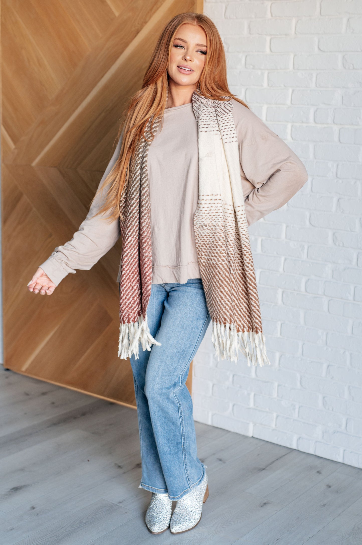 Women's Cold Front Fringe Scarf in Coffee and Red, brushed texture, fringe detailing, cashmere feel, versatile as a scarf or shawl.