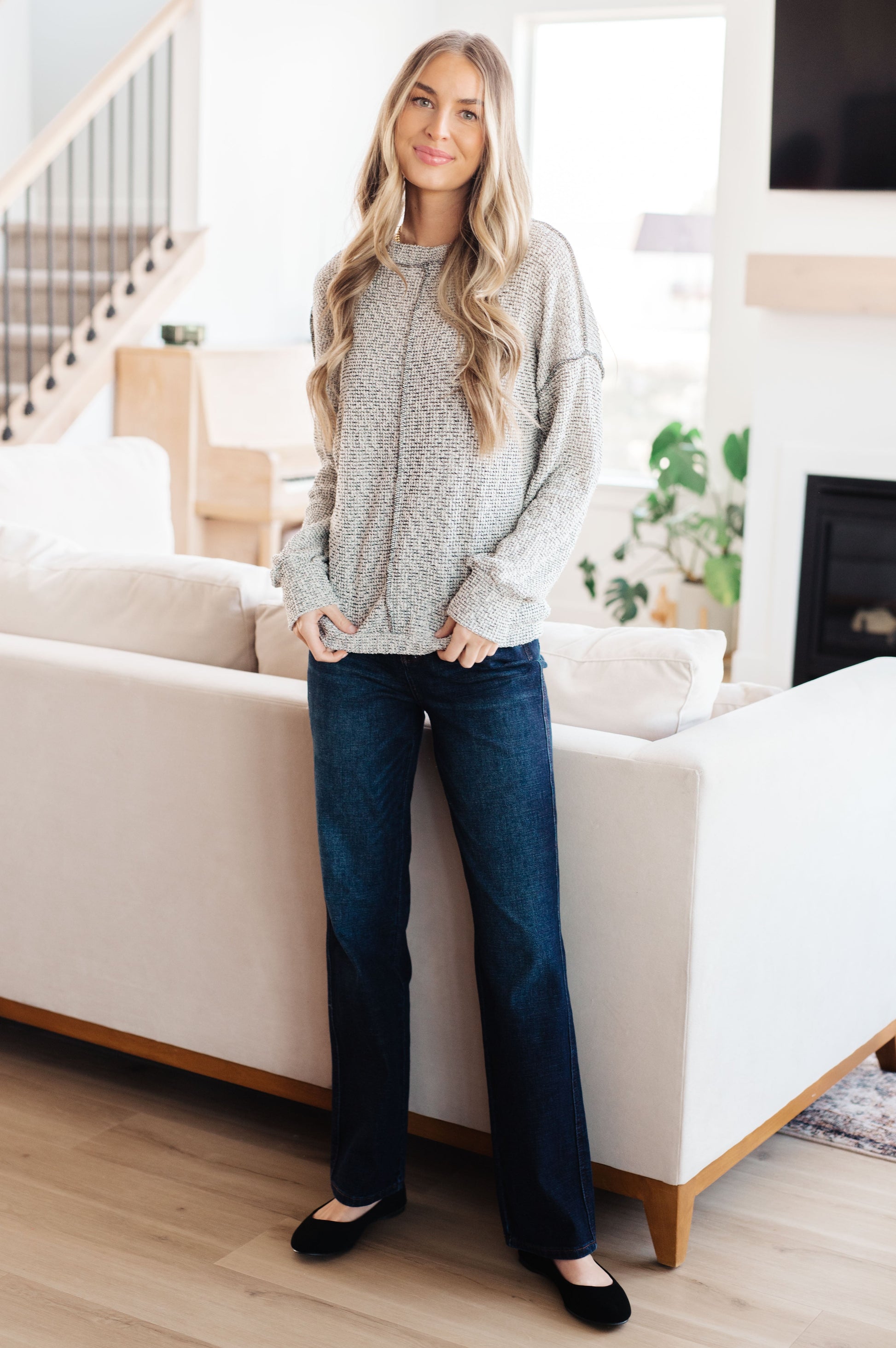 Jada Waffle Knit Pullover full body styled with jeans for casual everyday wear