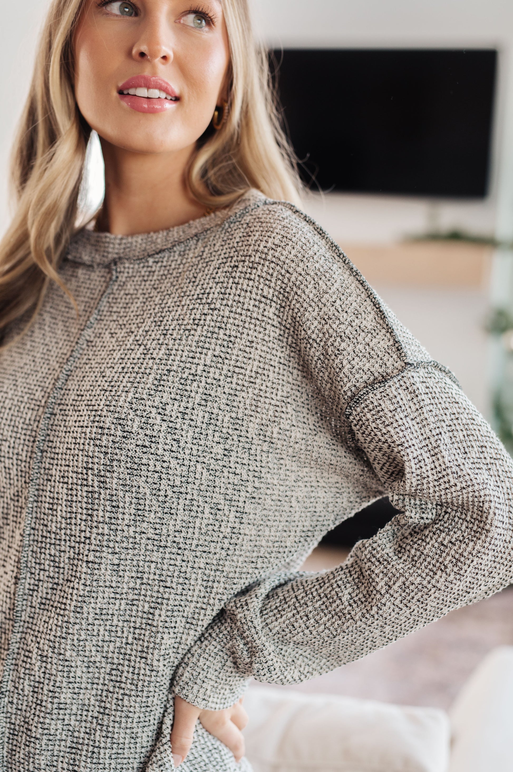 Jada Waffle Knit Pullover close up of waffle knit fabric and seam detail in light gray