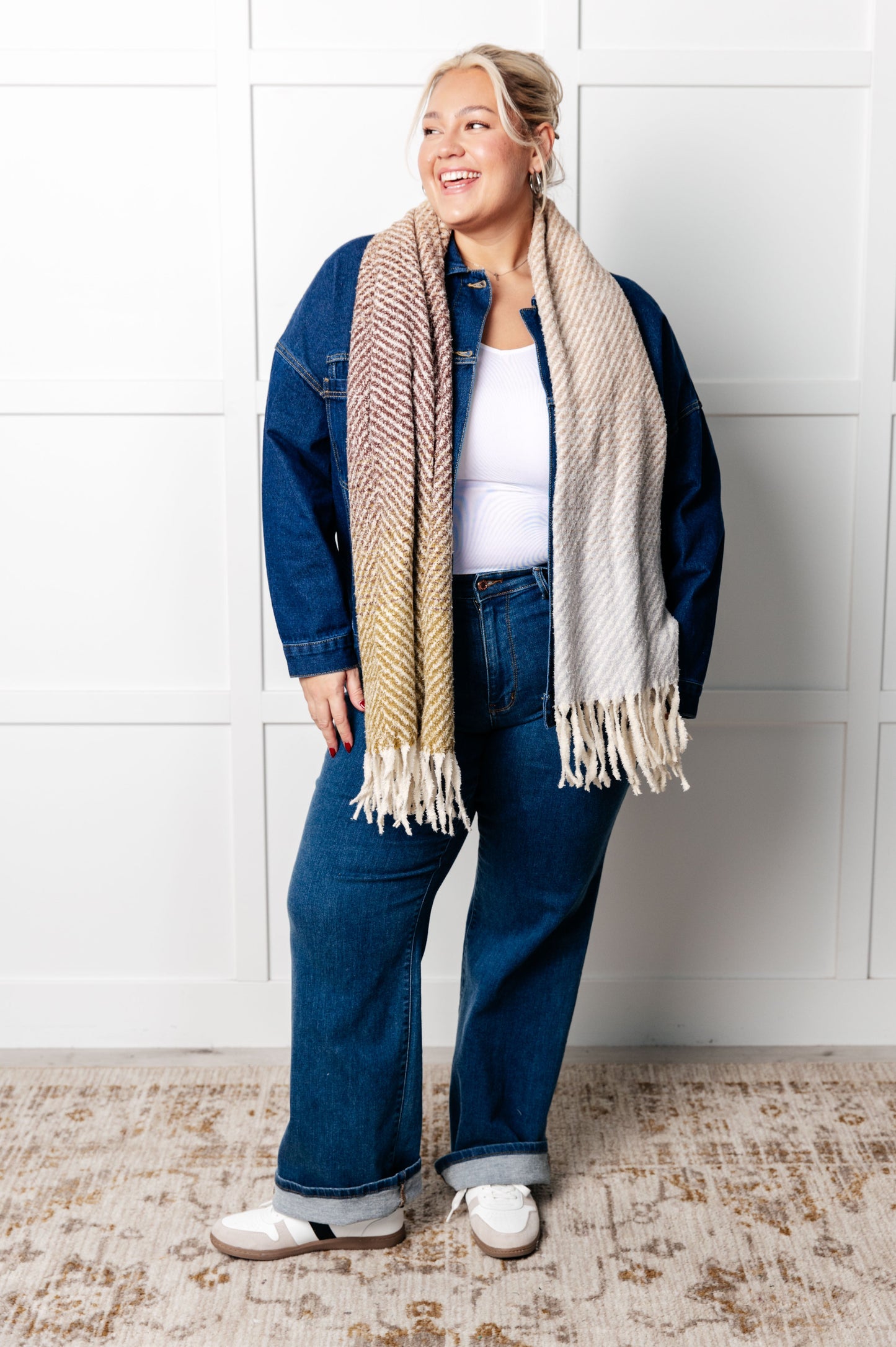 Women's Cold Front Fringe Scarf in Blue , Beige and Green, brushed texture, fringe detailing, cashmere feel, versatile as a scarf or shawl.