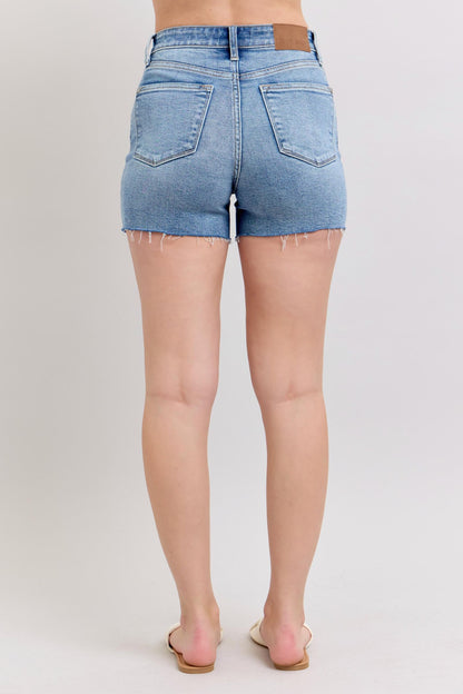Charley High Rise Distressed Cutoff Shorts – Judy Blue, Stretch Denim, Raw Hem, Medium Wash