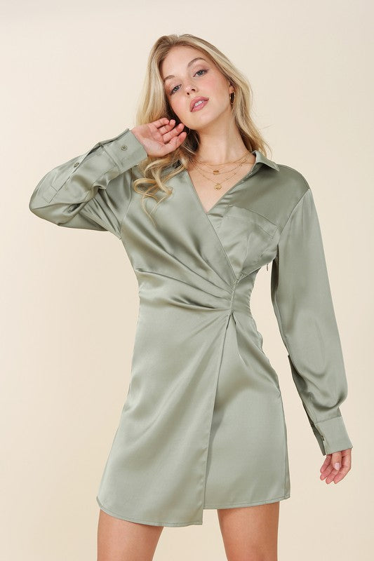 Vanessa Satin Collared Wrap Mini Dress