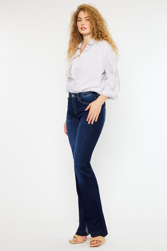 KanCan USA Hester Mid Rise Hem Detail Flare Jeans in dark wash, featuring a button closure, flared leg silhouette, and stylish hem detailing.