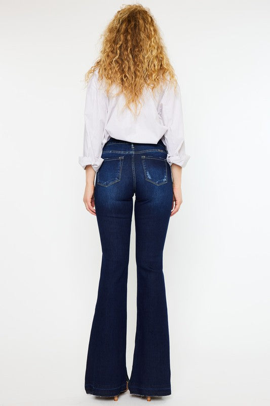 KanCan USA Hester Mid Rise Hem Detail Flare Jeans in dark wash, featuring a button closure, flared leg silhouette, and stylish hem detailing.