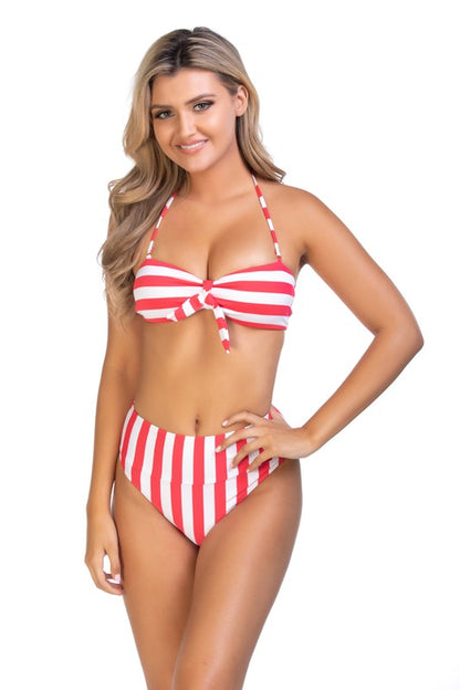 Whitby striped bandeau bikini set with high-waist bottoms and adjustable straps in red. 