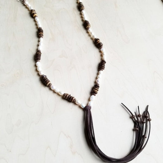 Sara Freshwater Pearl and Wood Necklace with Tassel