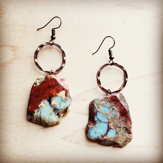 Bold earrings featuring slabs of genuine Aqua Terra stones set on a copper hoop.