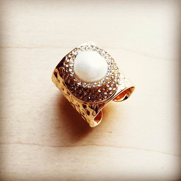 Gold cuff ring with a Freshwater Pearl, adjustable fit. Handcrafted design.