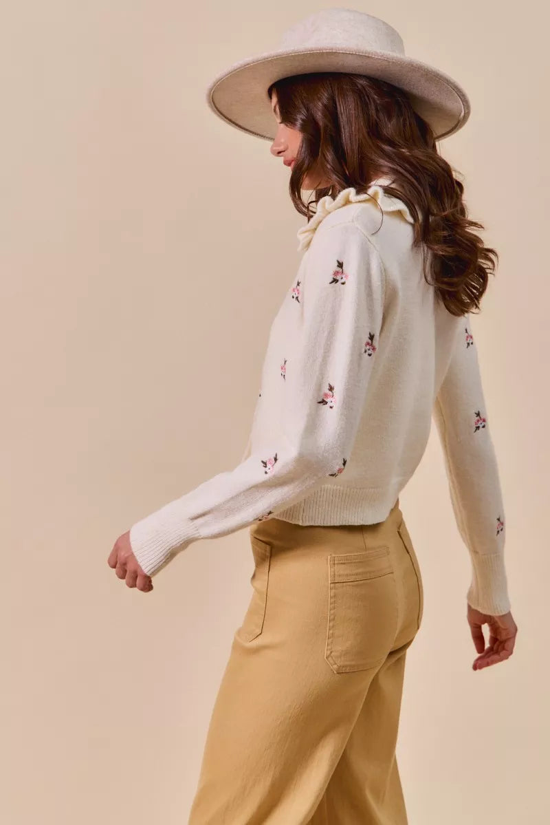 Billie Floral Sweater Cardigan cream side view showing embroidered sleeves and collared button down design