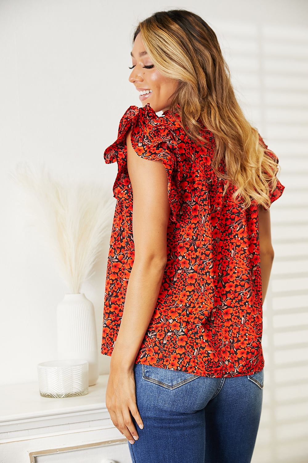 Patience Floral Flutter Sleeve Notched Neck Blouse