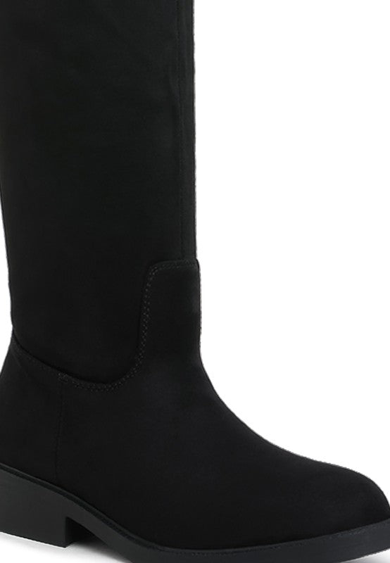 Chiru Round Toe Microfiber Calf Boots black close up of round toe and stitching