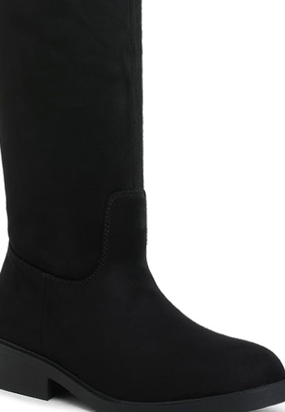 Chiru Round Toe Microfiber Calf Boots black close up of round toe and stitching