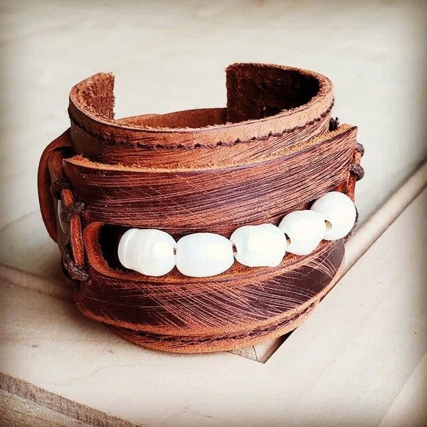 Pramila Leather Cuff with Freshwater Pearl Accent Strand