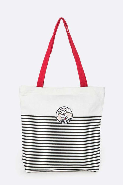Girl Gang Cotton Canvas Tote with red handle, bold striped design, and “Girl Gang” patch.