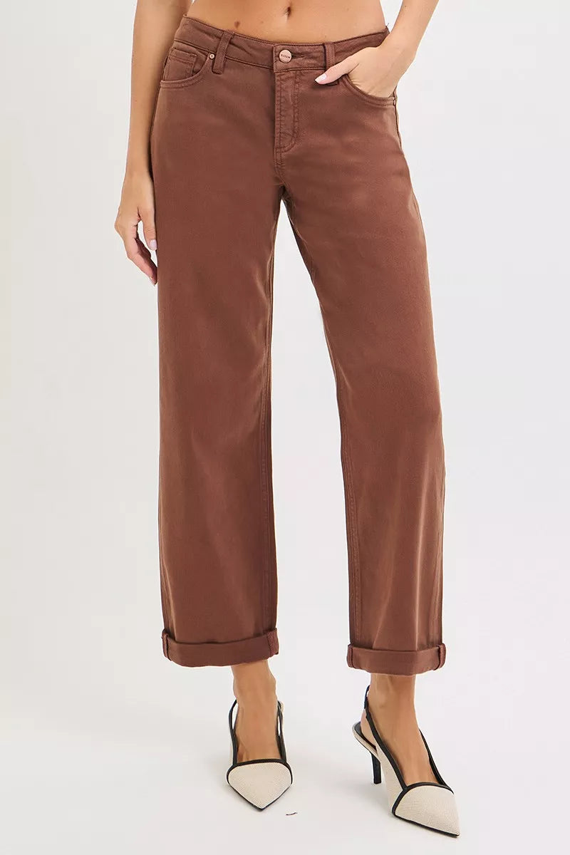 Nessa Cocoa Tummy Control Barrel Jeans front view mid rise wide leg cuffed hem.