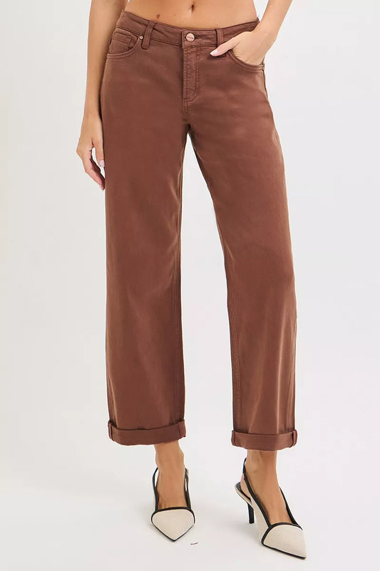 Nessa Cocoa Tummy Control Barrel Jeans front view mid rise wide leg cuffed hem.