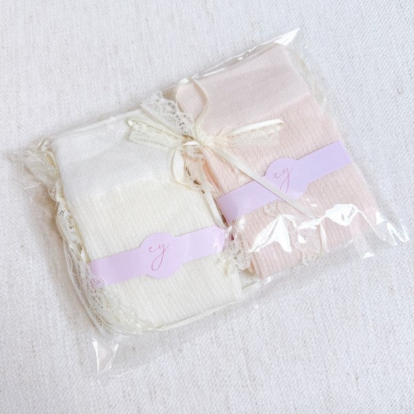 Packaged Lace & Satin Bow Back Socks Set of 2 in pink and white, ready for gifting.