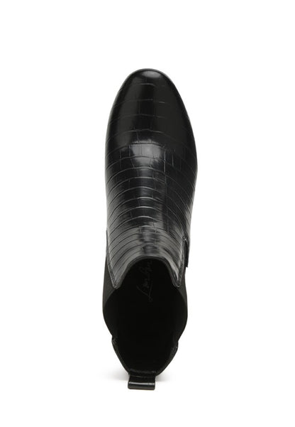 Top view of black Briony Block Heel Ankle Boots in patent vegan leather showing round toe and elasticated gusset design.