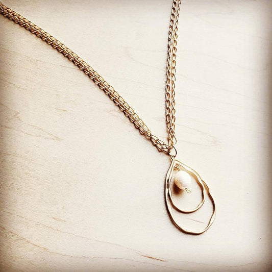 Matte Gold Necklace with Double Hoop Pearl Pendant