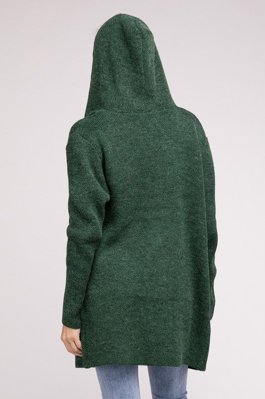 Dark Green sweater cardigan with long sleeves, front pockets, and a hooded neckline. 