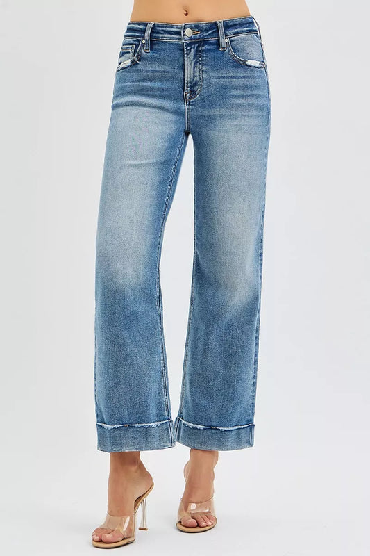 Sammy Mid Rise Crop Straight Jeans Risen Medium Wash front cropped straight leg style.