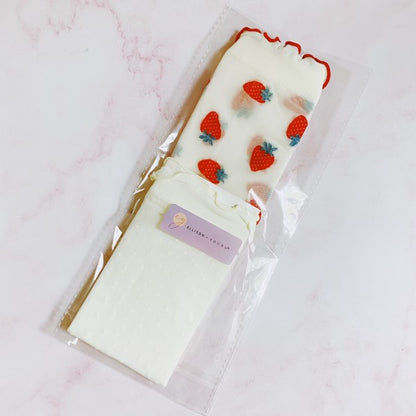 Packaged Dots and Strawberries Sheer Socks Set of 2 pairs ready for gifting.