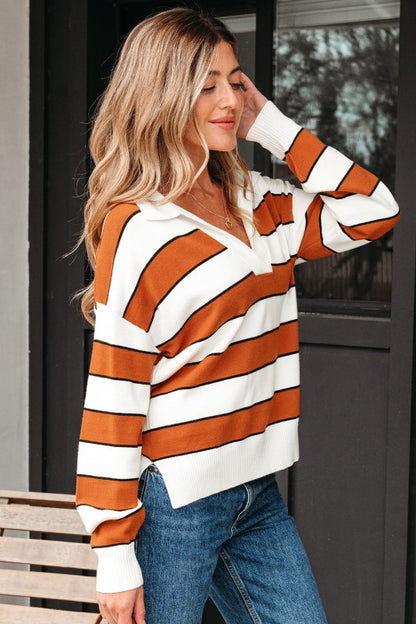 Valeria Stripe Sweater front view with polo collar and relaxed fit